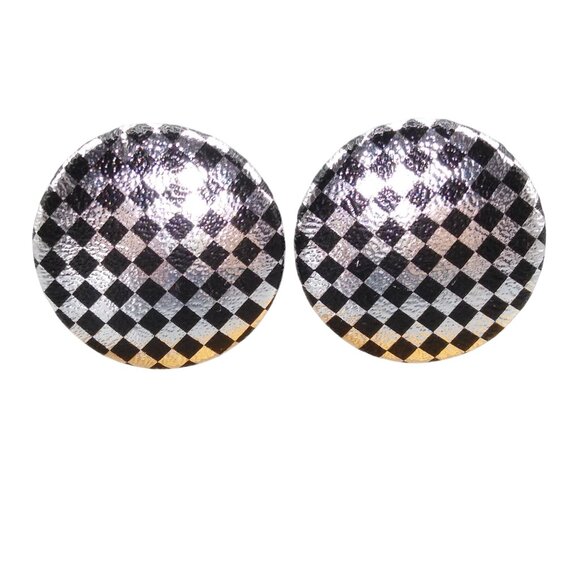 Vintage Sleek Checkerboard Fabric Earrings, Silver Metallic Shimmer and Black - Picture 1 of 4